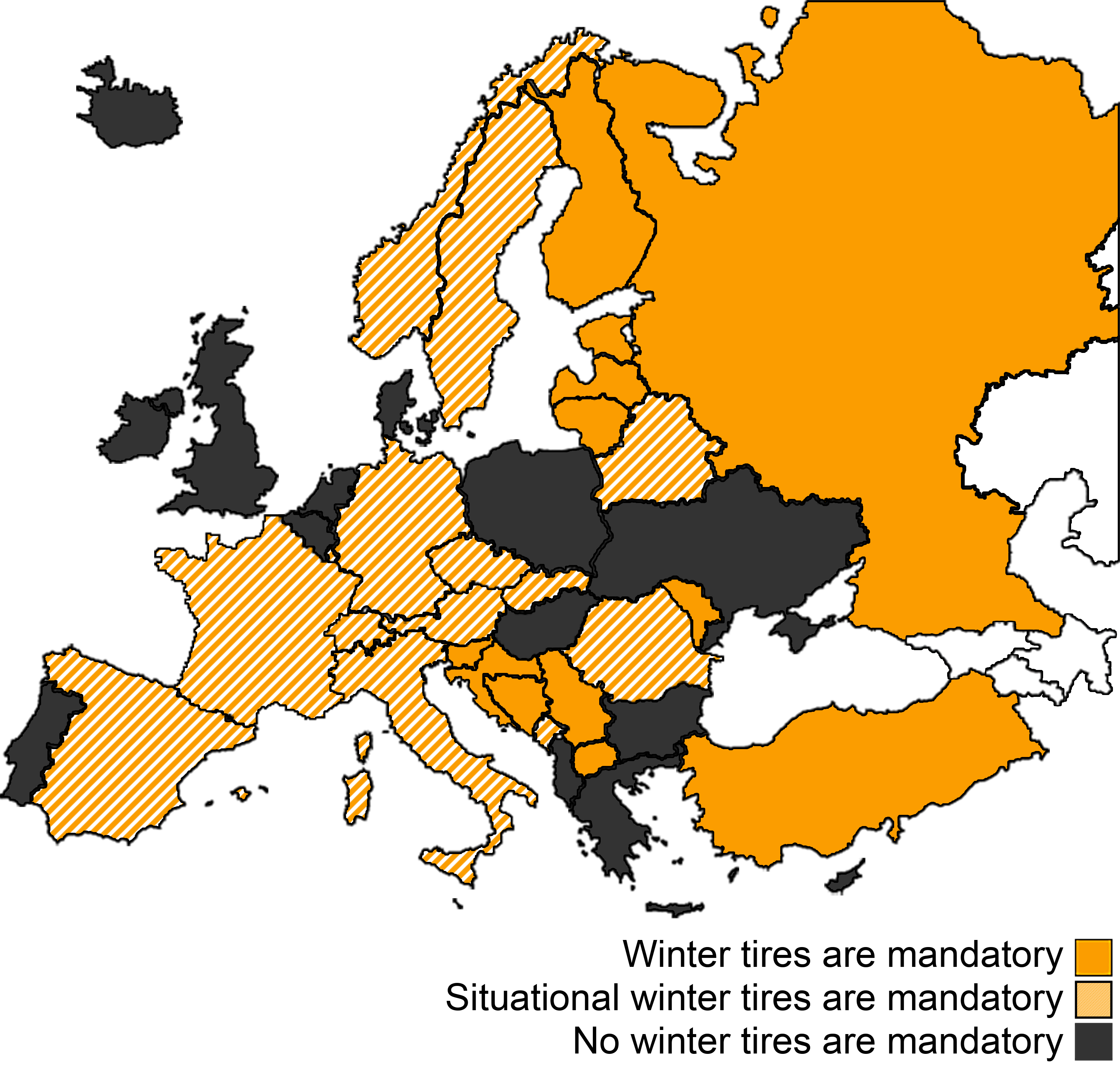 Mange land i Europa har lov om vinterdekk. I noen land er vinterdekk obligatoriske i en bestemt tidsperiode, i andre bare under visse værforhold. Vi har satt sammen en oversikt over alle lovene, inkludert detaljer om minste tillatte mønsterdybde, piggdekk, snøkjeder og annet lovlig pålagt vinterutstyr.