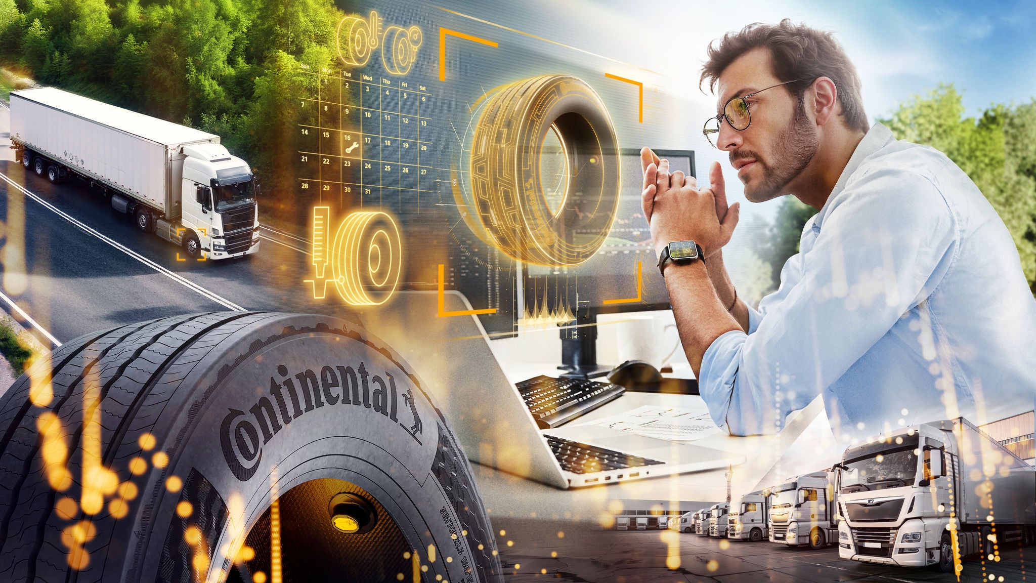 Collage visualizing tread depth measurement in Continental's Digital Solutions portfolio by a man, a digital tire, a fleet of trucks, a Continental tire and a moving truck on a country road