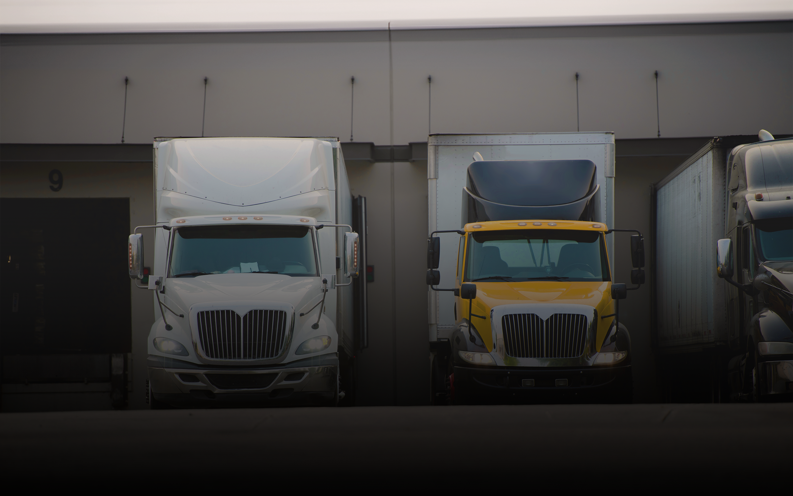 Regional transport trucks parked in the loading dock of a logistics center