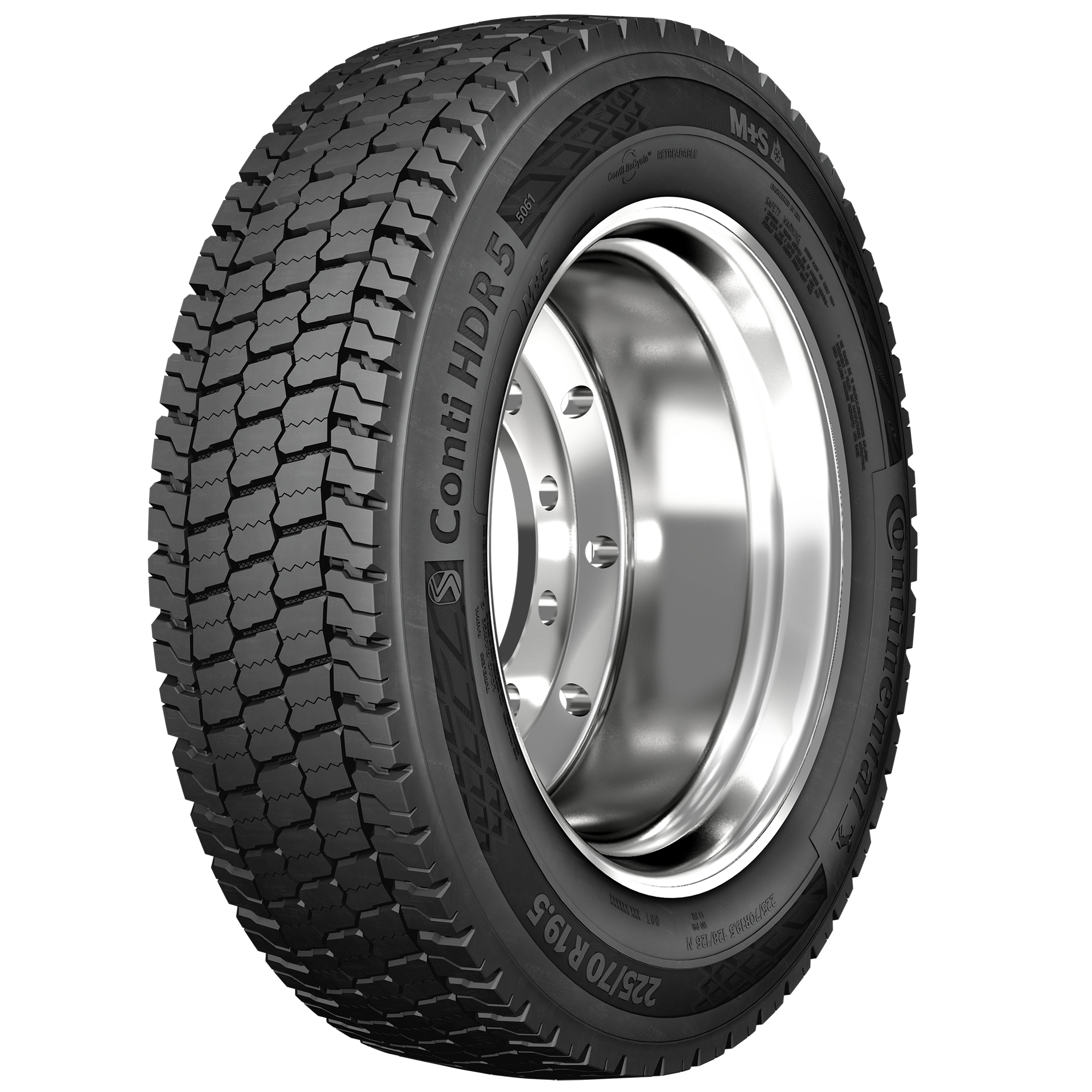 19.5" regional drive tire with an open shoulder tread design, improved rolling resistance, traction, wear and durability.