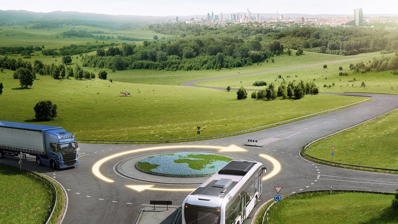 Buses driving on a roundabout 