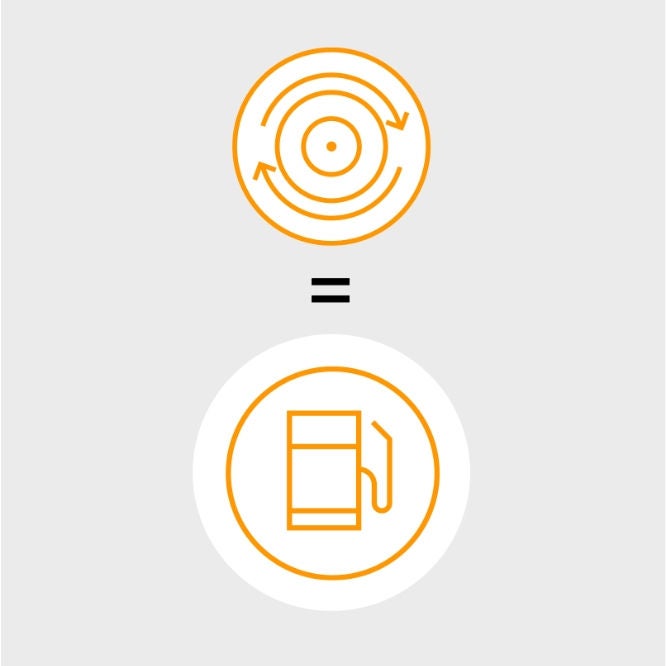 Illustration of tire with spiral arrows and a fuel station.