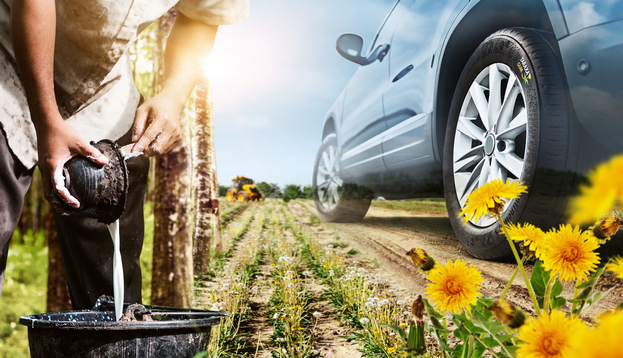 Collage of a person harvesting rubber and a car